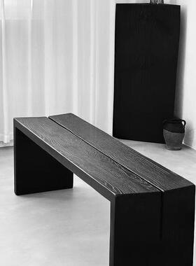 黑色MKK餐桌实木长凳换鞋条风凳中古客厅卧床尾用家长板凳免室安