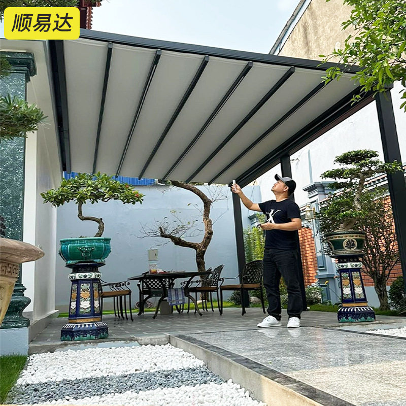 家用阳台伸缩棚雨棚户外铝合金推拉雨棚遮阳棚露台电动折叠天幕棚