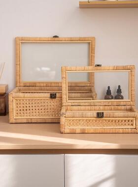藤EHO盒子席藤编收纳透明玻璃带盖床家用头橱柜收纳筐归纳盒