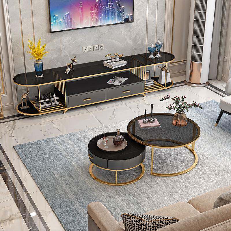 现代电视柜茶几组合客厅简约铁艺视听柜大理石家用双抽屉电视机柜