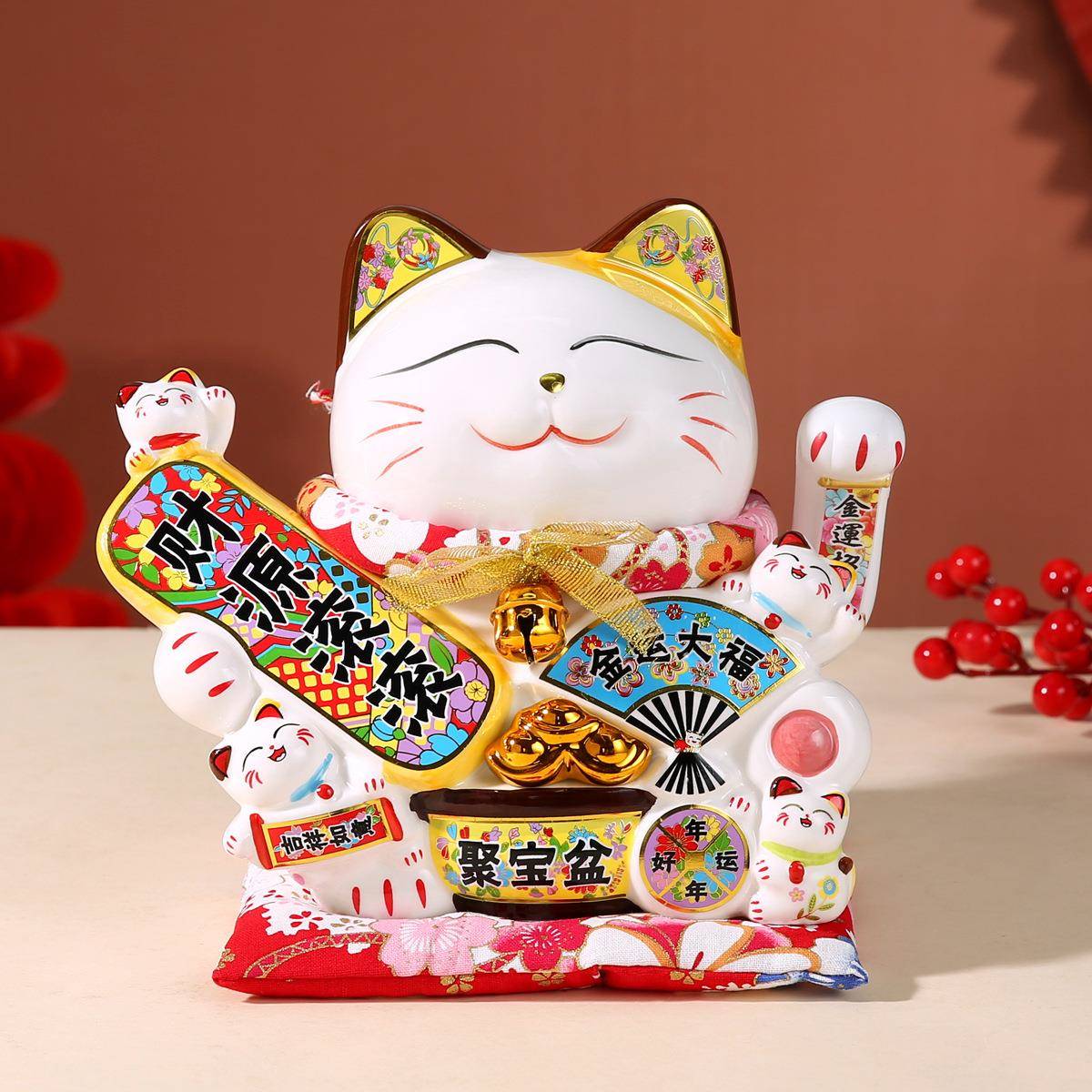 644新款8寸招猫开业八摆件方财来财白财色陶瓷创意礼品电动摇手发
