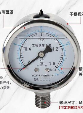 联YN06力BF不锈钢耐震压力表耐腐蚀蒸气油压液压表抗震负压真YXS
