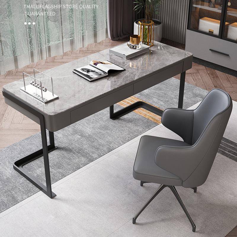 意式轻奢极简亮光岩板书桌现代简约办公桌网红书房书桌椅黑砂岩板