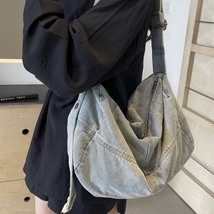 韩版 百搭大学生上课通勤单肩斜挎包 复古慵懒风水洗牛仔包小众时尚