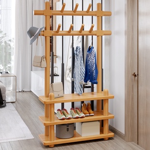 实木落地衣帽架简易家用卧室置物架网红鞋柜架挂衣架一体立式衣架