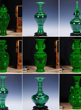 218景德镇陶瓷 仿古开片釉中式绿釉花瓶 家居摆件艺术品瓷器