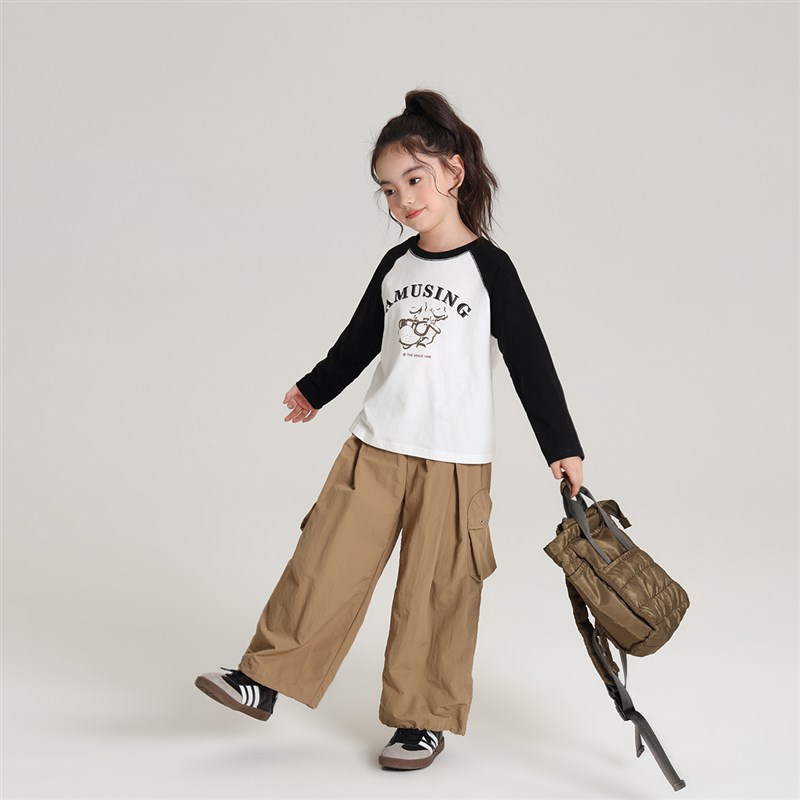 沫沫家童装秋装女童打底衫2024春秋季新款儿童撞色卡通纯棉T恤