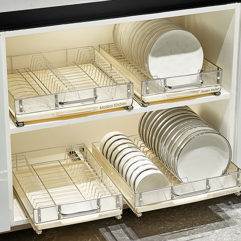 抽屉式厨房抽拉碗碟收纳层架免打孔整体橱柜碗架拉篮碗盘盘子沥水