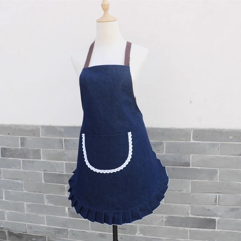 牛仔围裙餐厅服务员女厨房好看可爱防水围腰背带防油围裙网红时尚