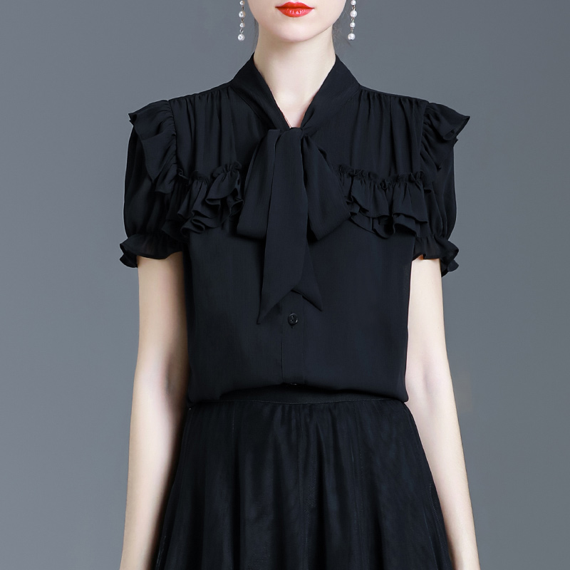 黑色雪纺衫女夏季宽松遮肚子蝴蝶结飘带洋气小衫木耳边短袖女衬衫