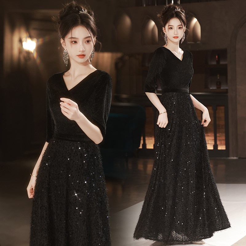 黑色大合唱团演出服女主持指挥舞台比赛宴会表演成人晚礼服装长裙