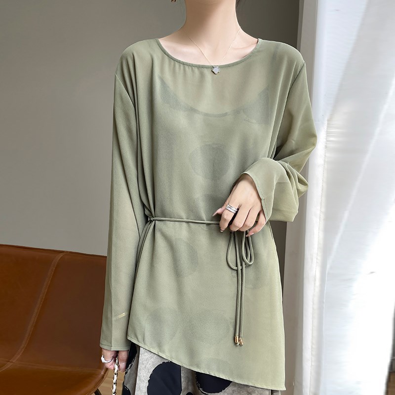 法式轻薄微透圆领长袖衬衫女宽松开叉外搭空调防晒衫设计感上衣