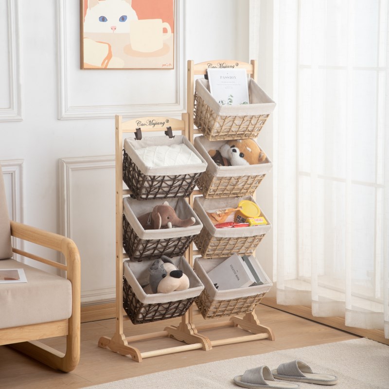 落地多层置物架实木收纳架客厅收纳零食玩具收纳筐厨房多层收纳篮