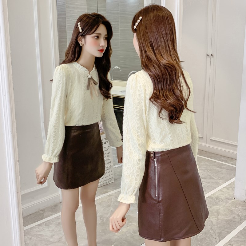 150小个子蝴蝶结加绒打底衫女秋冬155洋气上衣长袖内搭蕾丝衫XS码