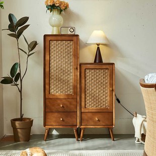北欧实木斗柜复古侘寂风储物柜卧室多功能高低柜民宿藤编收纳柜子