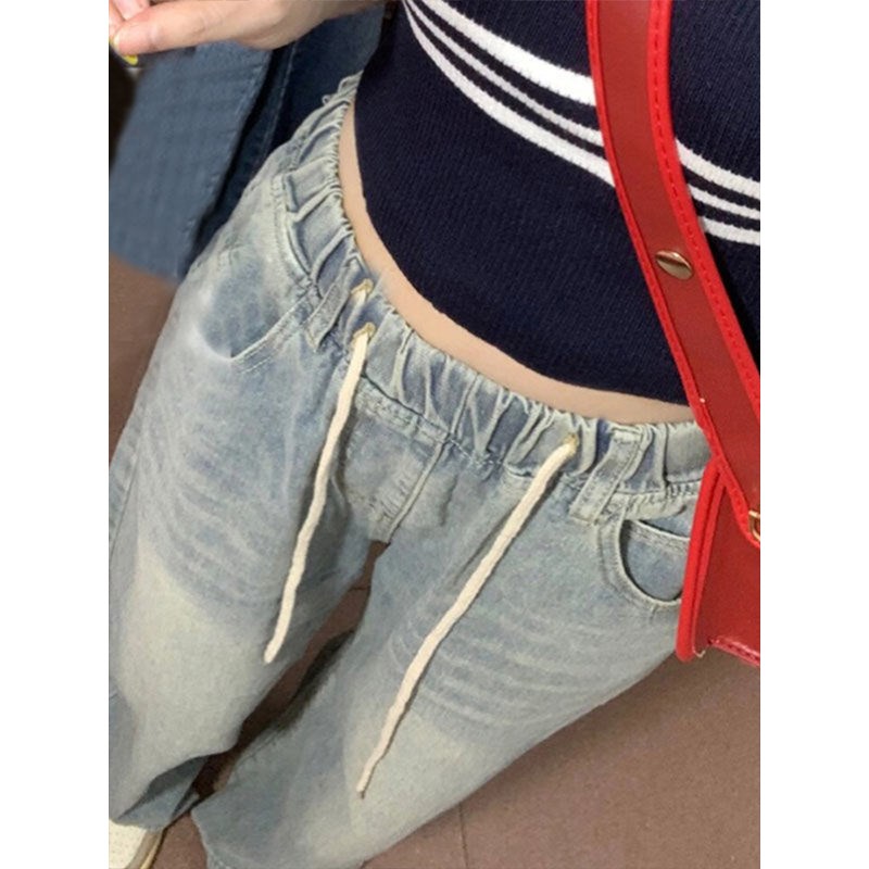 300斤大码胖mm松紧腰绑带牛仔裤女新款设计感女装裤子显瘦阔腿裤