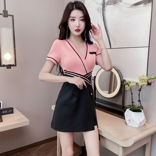 修身 两件套 上班服女按摩水疗足浴显瘦气质遮肚包臀连衣裙v领裙裤