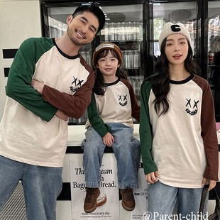 婴儿百日秋季亲子装纯棉卫衣一家三口新款儿童T恤插肩长袖母女装