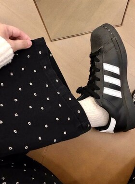 小矮个子145碎花波点牛仔裤女150黑色裤子高腰直筒宽松阔腿长裤xs