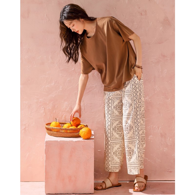 女士睡衣短袖长裤夏季纯棉休闲复古风宽松圆领套头家居服两件套装