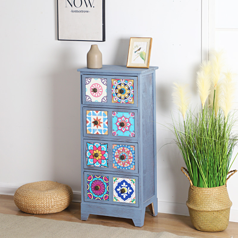 美式实木斗柜彩绘复古床头柜夹缝收纳柜子简易抽屉储物窄柜装饰柜