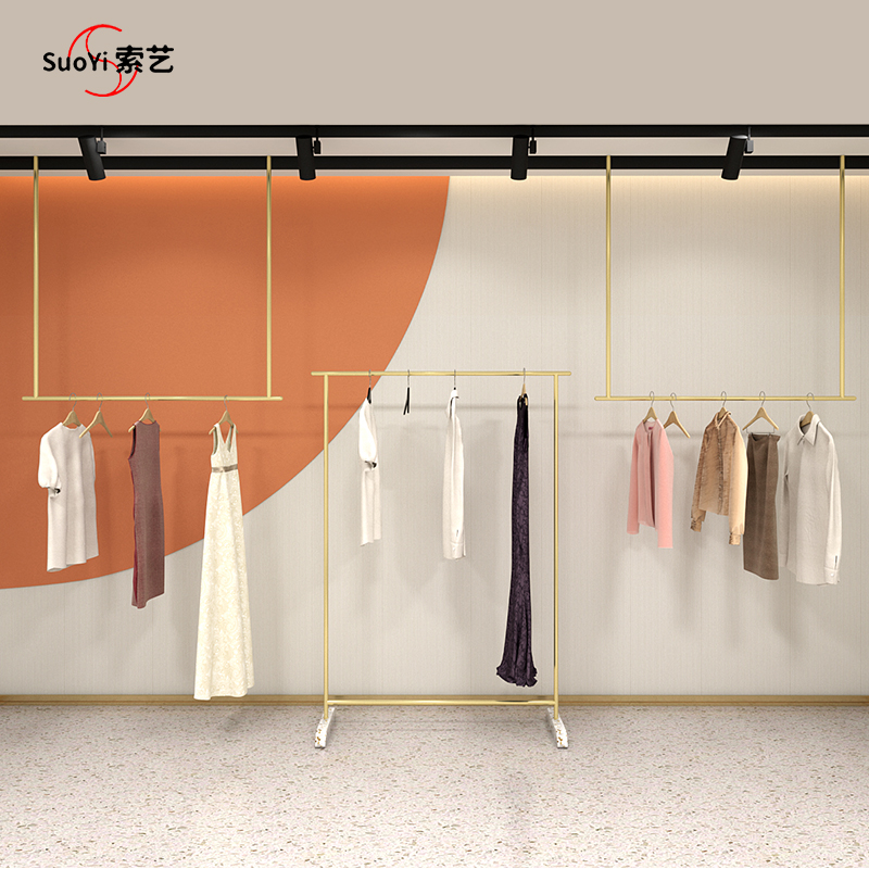 高档铝金色女装货架服装店展示架落地式中岛架陈列架子挂衣杆上墙