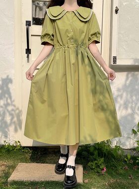 女大童娃娃领连衣裙夏装学生甜美学院风收腰长裙子13岁胖女孩宽松