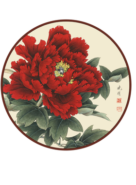 红色牡丹花挂画新中式客厅玄关圆形装饰画花开富贵画走廊过道墙画