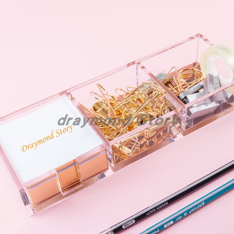 亚克力透明三格便签盒透明玫瑰金便签格子座桌面收纳盒办公文具