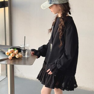 女童中长款蕾丝内搭打底衫2025新款春秋季长袖卫衣连衣裙上衣洋气