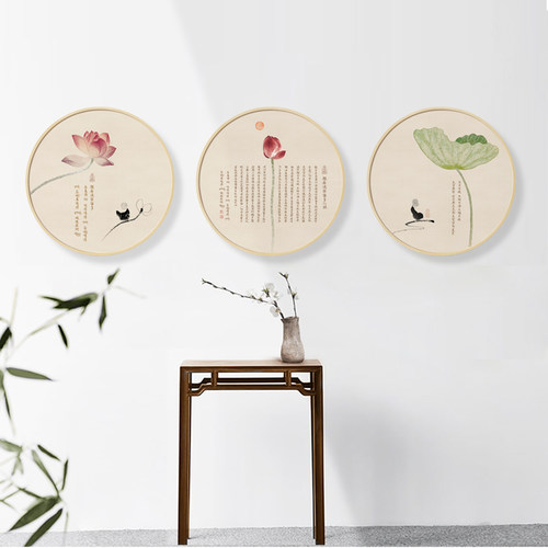 水墨宣言 新中式装饰画心经禅意画茶室客厅圆形壁画荷花背景壁画