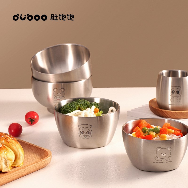 肚饱饱304不锈钢双层防烫儿童水杯 小碗吸盘餐盘卡通创意宝宝杯子