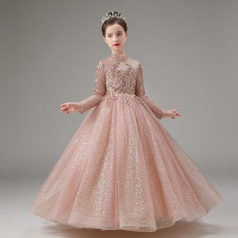 儿童礼服长袖高端女童公主裙生日秋冬钢琴演出服春晚小主持人服装