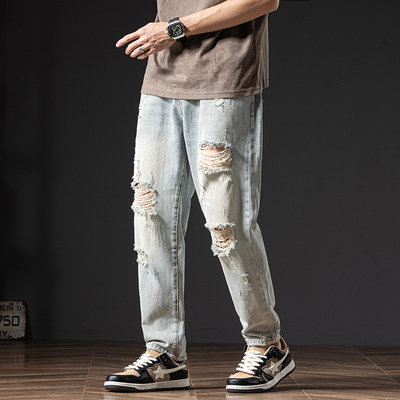 乞丐大破洞浅色牛仔裤男款夏季薄款宽松直筒美式休闲做旧九分裤子