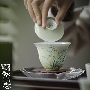 明知山志 手绘空谷幽兰盖碗 文人器茶室家用陶瓷泡茶碗 兰花盖碗