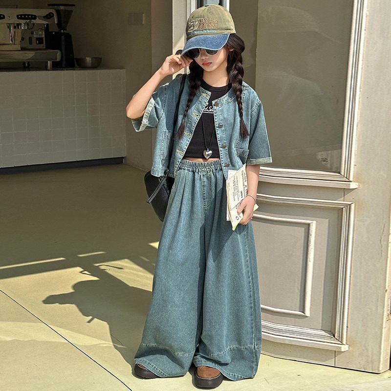 女童夏装牛仔套装2025新款儿童夏季休闲短袖外套薄款阔腿裤两件套图片