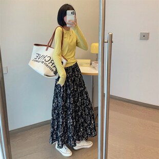 酒窝家 复古森系百搭碎花雪纺半身裙春季新款韩版宽松紧腰中长裙