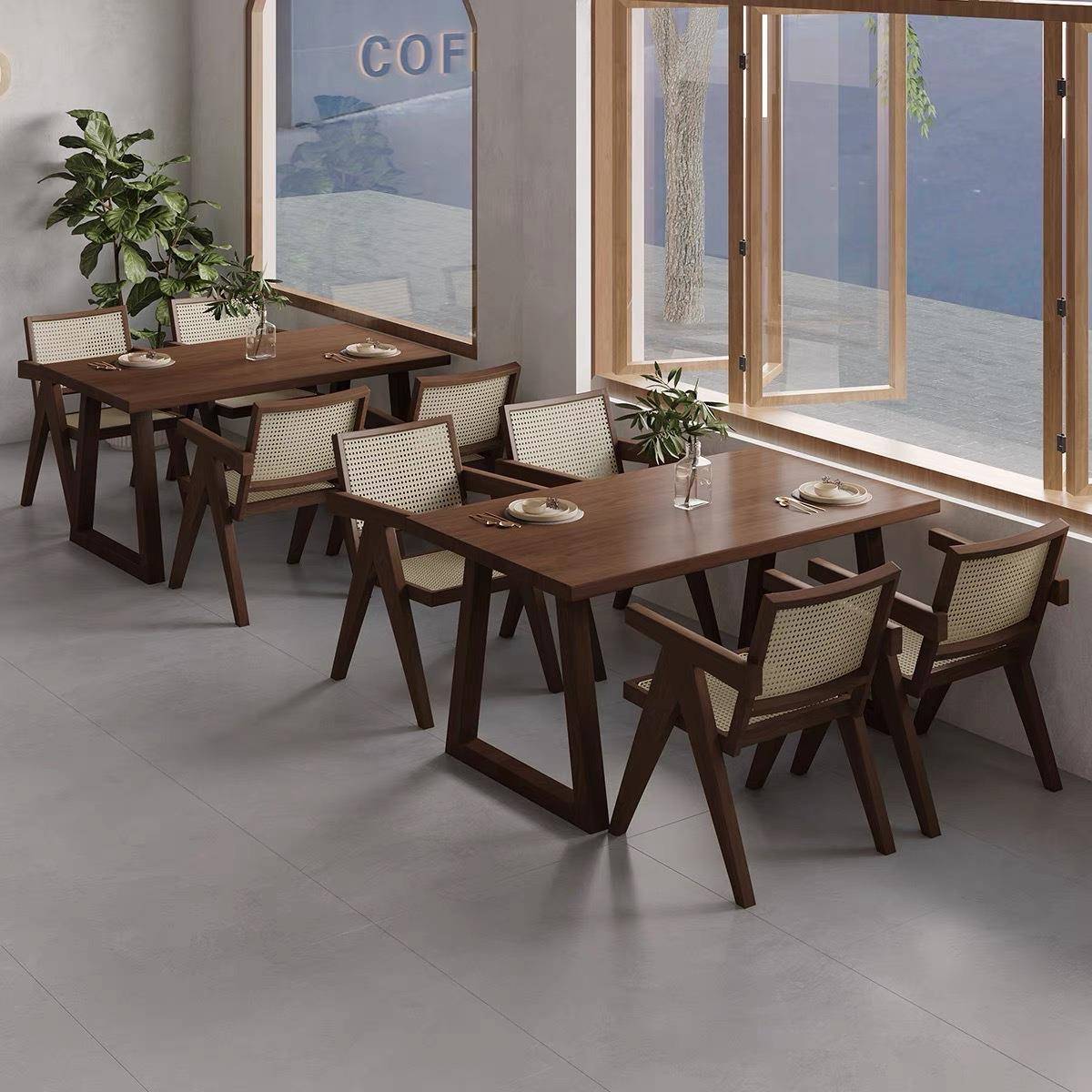 创意实木餐桌现代松木办公桌简约黑色工作台桌椅饭店咖啡厅长桌子