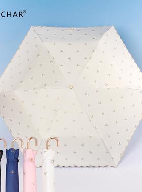 现货RECHAR刺绣蝴蝶结弯柄三折伞弯钩女晴雨两用女生遮阳伞太阳伞