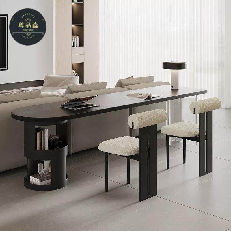 黑色实木书桌意式极简居家办公电脑桌横厅沙发后双人长条桌书桌椅