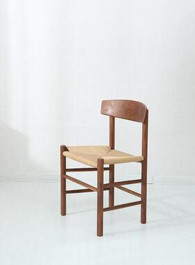 北欧绳实木餐椅家半靠背椅弧子用日式简约编座面休98164闲椅