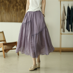 西辰出品2022新款 双层设计100支细苎麻半身文艺仙女裙纯色松紧腰