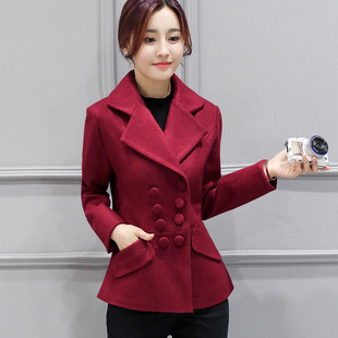 修身 春秋毛呢外套女短款 女装 韩版 双排扣呢子大衣显瘦纯色毛呢西装