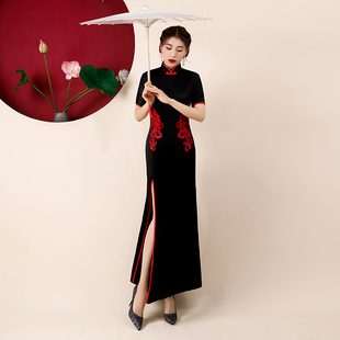 鱼尾连衣裙黑色 演出服女修身 2021年春夏新款 改良复古走秀旗袍长款