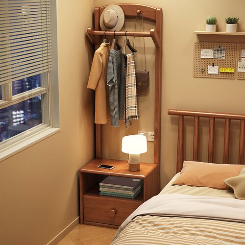实木床头柜挂衣架一体床边衣帽架落地置物架小户型卧室衣服收纳架
