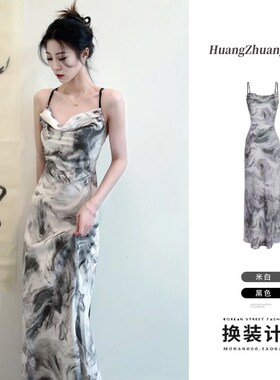 新款国风吊带连衣裙子女高级感纯欲风新中式水墨画典雅文艺长裙子