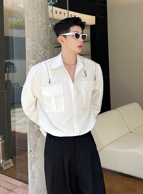 夏季高级感工装衬衫男长袖小众解构多拉链设计感韩版简约白色衬衣