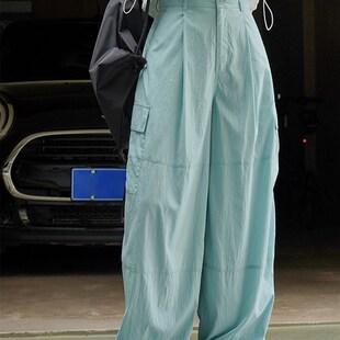 日系蓝色工装裤女夏季薄款冰丝高腰直筒阔腿宽松休闲速干防晒裤子