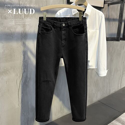 LUUD 秋冬季基础黑色百搭款休闲长裤潮男韩版个性破洞水洗牛仔裤