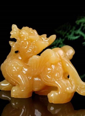天然米黄玉貔貅摆件一对飞天貔貅大号玉石精品雕刻玄关店铺装饰品
